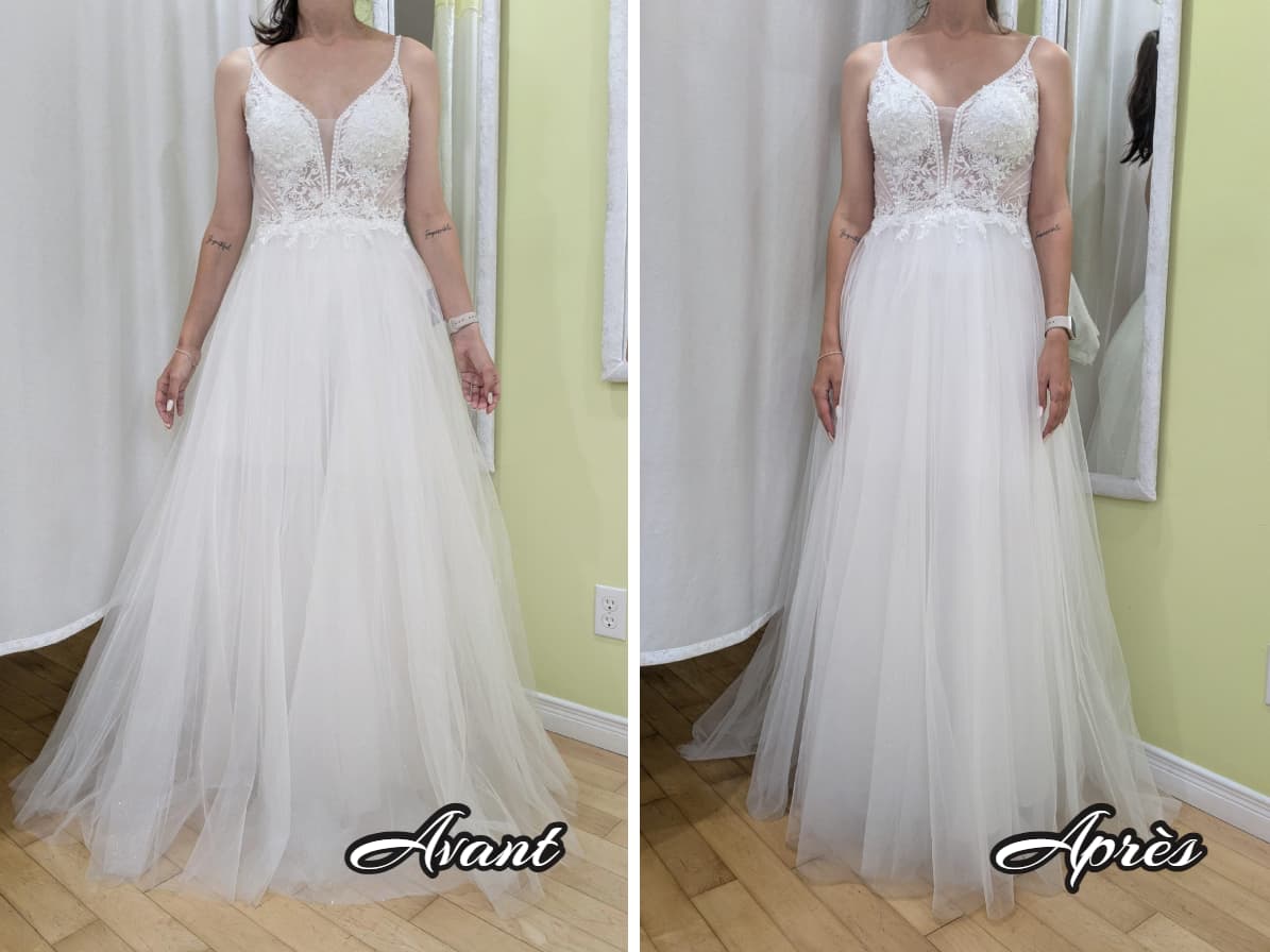 Shorten a tulle bridal dress Laval, Montreal